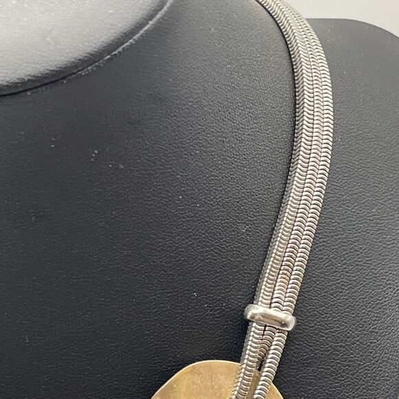 Vintage Modernist Goldtone Hammered Discs On 3 Strand Silvertone Chain Necklace - Picture 6 of 7